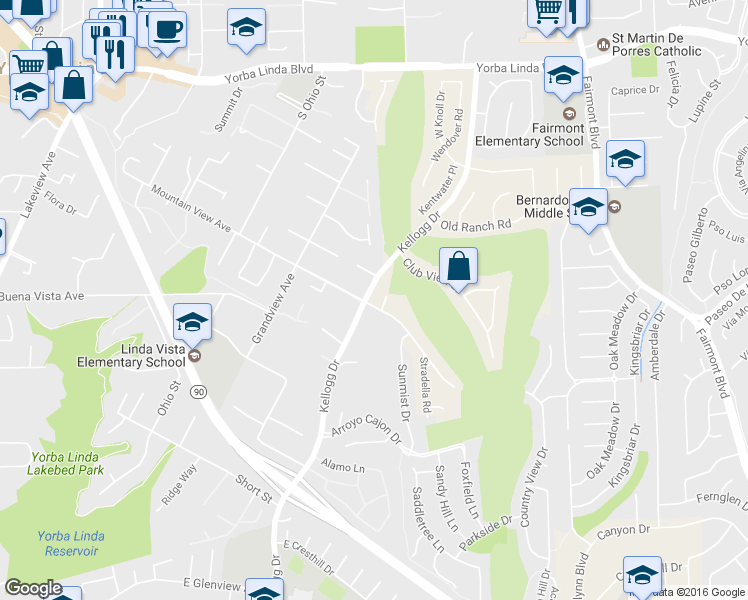 map of restaurants, bars, coffee shops, grocery stores, and more near 5596 Mountain View Avenue in Yorba Linda