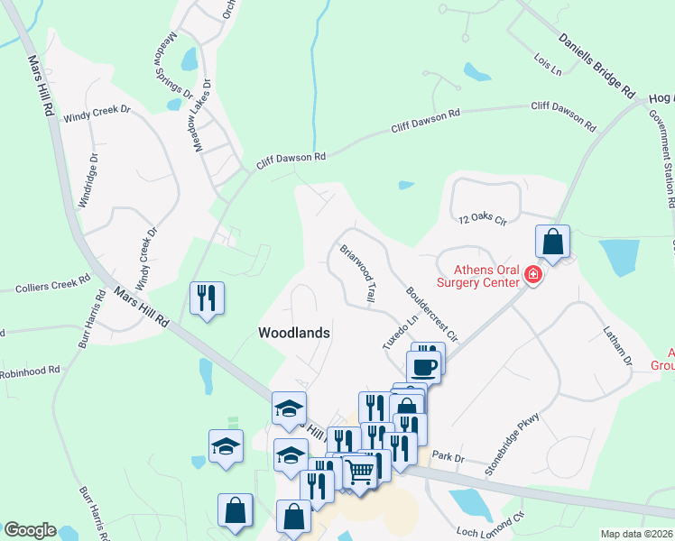 map of restaurants, bars, coffee shops, grocery stores, and more near 1230 Bouldercrest Circle in Watkinsville