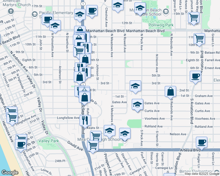 map of restaurants, bars, coffee shops, grocery stores, and more near 1251 2nd Street in Manhattan Beach
