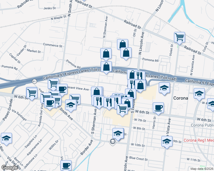 map of restaurants, bars, coffee shops, grocery stores, and more near 1220 D Street in Corona