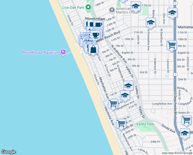map of restaurants, bars, coffee shops, grocery stores, and more near 506 Manhattan Avenue in Manhattan Beach