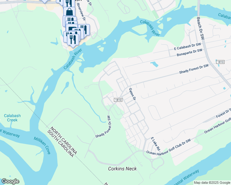 map of restaurants, bars, coffee shops, grocery stores, and more near 9213 Rivendell Place in Calabash