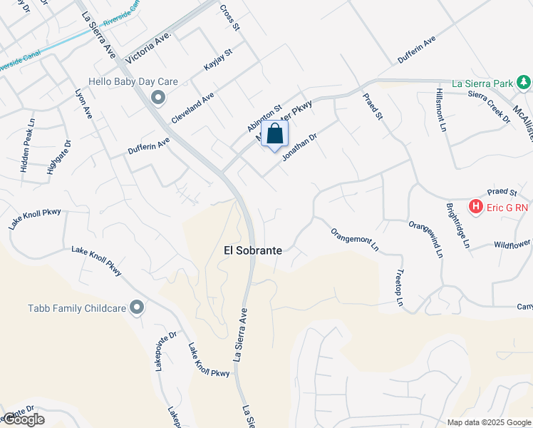 map of restaurants, bars, coffee shops, grocery stores, and more near 16536 Amberley Court in Riverside