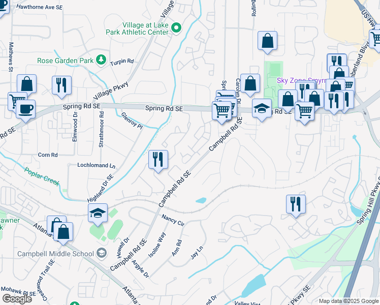 map of restaurants, bars, coffee shops, grocery stores, and more near 1101 Country Park Drive in Smyrna