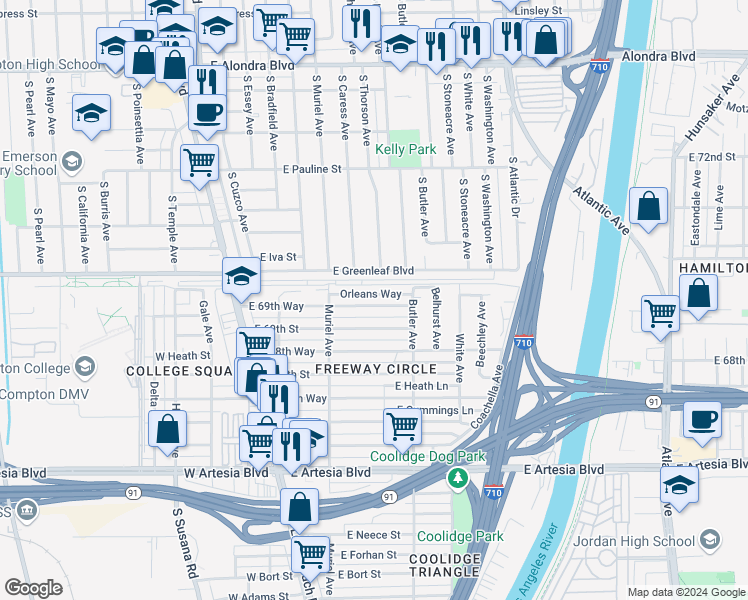 map of restaurants, bars, coffee shops, grocery stores, and more near 243 East 69th Way in Long Beach