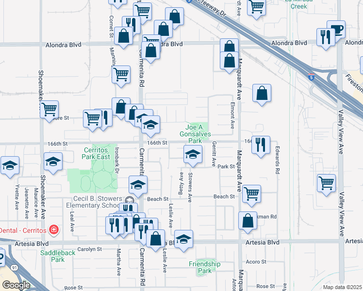 map of restaurants, bars, coffee shops, grocery stores, and more near 16602 Stowers Avenue in Cerritos