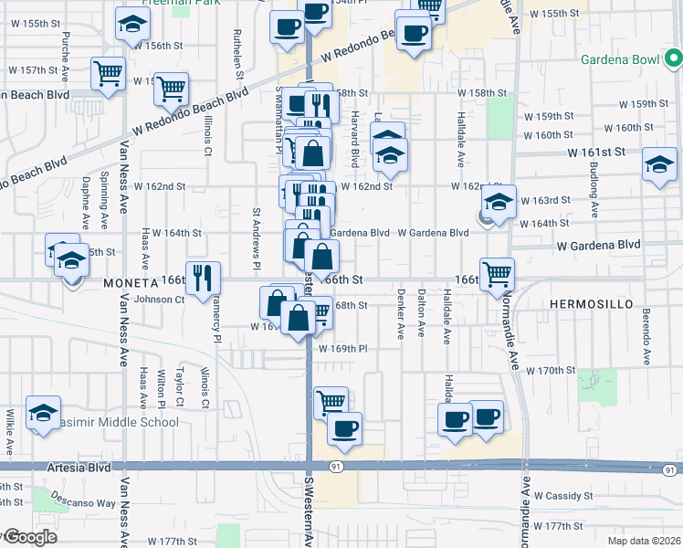 map of restaurants, bars, coffee shops, grocery stores, and more near 1719 166th Street in Gardena