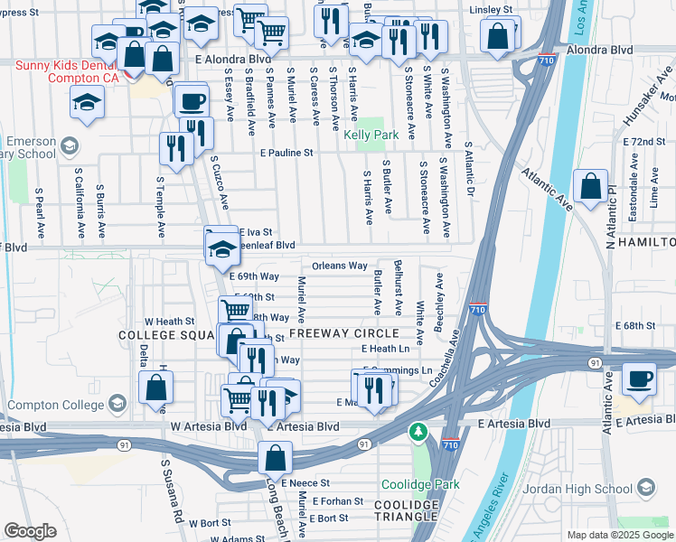 map of restaurants, bars, coffee shops, grocery stores, and more near 243 East 69th Way in Long Beach