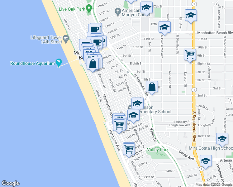 map of restaurants, bars, coffee shops, grocery stores, and more near 416 Highland Avenue in Manhattan Beach
