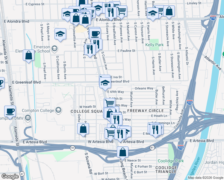 map of restaurants, bars, coffee shops, grocery stores, and more near 45 East 69th Way in Long Beach