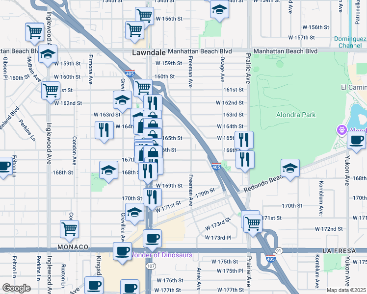 map of restaurants, bars, coffee shops, grocery stores, and more near 4217 166th Street in Lawndale