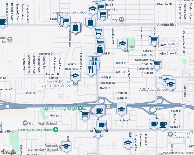 map of restaurants, bars, coffee shops, grocery stores, and more near Pioneer Boulevard & 166th Street in Norwalk