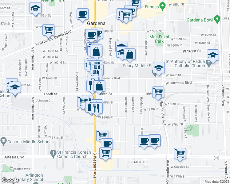 map of restaurants, bars, coffee shops, grocery stores, and more near 1651 166th Street in Gardena