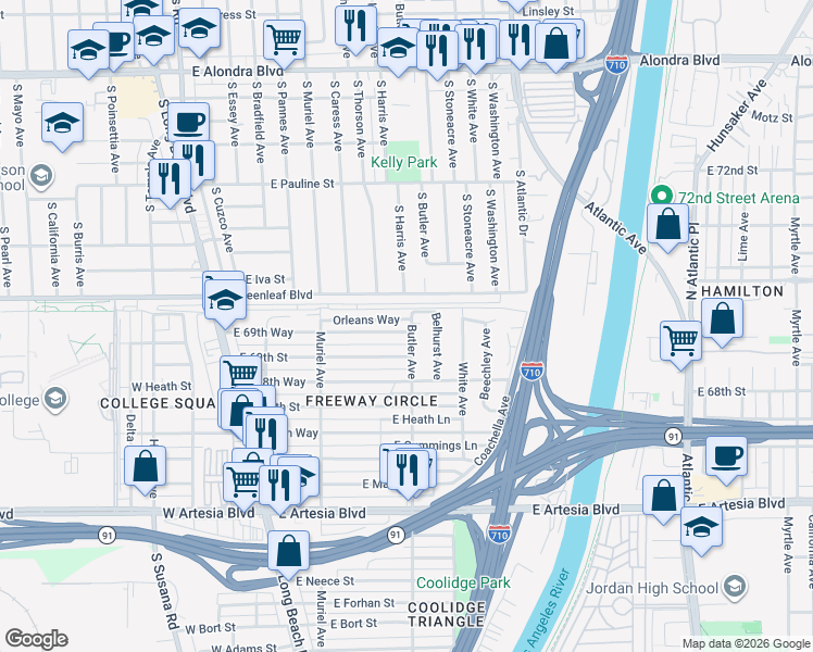 map of restaurants, bars, coffee shops, grocery stores, and more near 293 East 69th Way in Long Beach