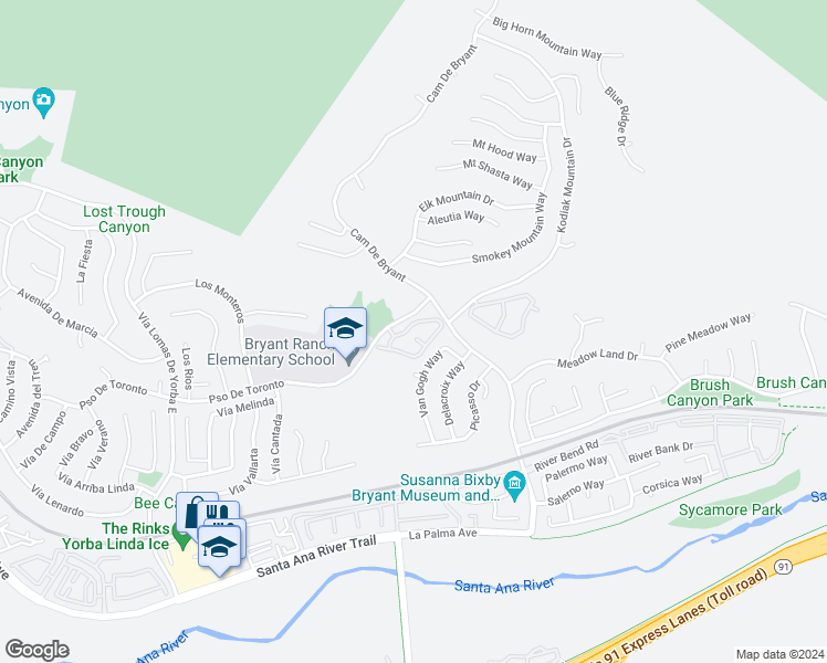 map of restaurants, bars, coffee shops, grocery stores, and more near 5525 Patricia Way in Yorba Linda