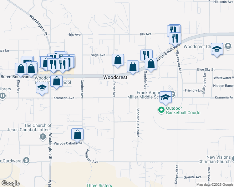 map of restaurants, bars, coffee shops, grocery stores, and more near 17504 Krameria Avenue in Riverside