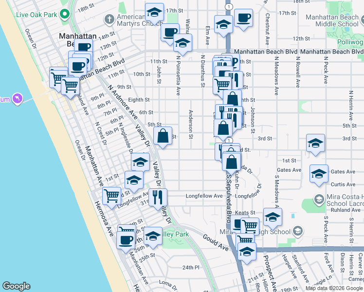 map of restaurants, bars, coffee shops, grocery stores, and more near 211 Anderson Street in Manhattan Beach