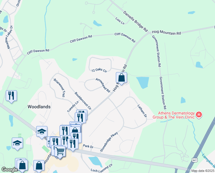 map of restaurants, bars, coffee shops, grocery stores, and more near 1010 Etowah Court in Watkinsville