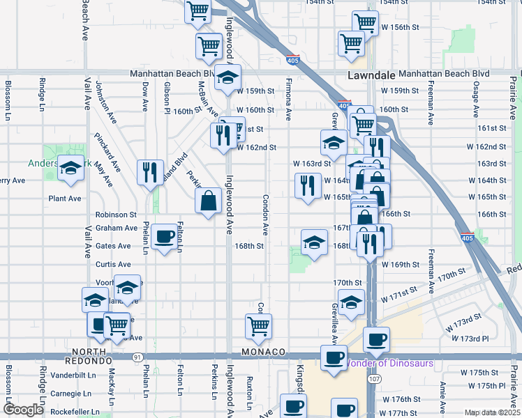 map of restaurants, bars, coffee shops, grocery stores, and more near 4707 166th Street in Lawndale