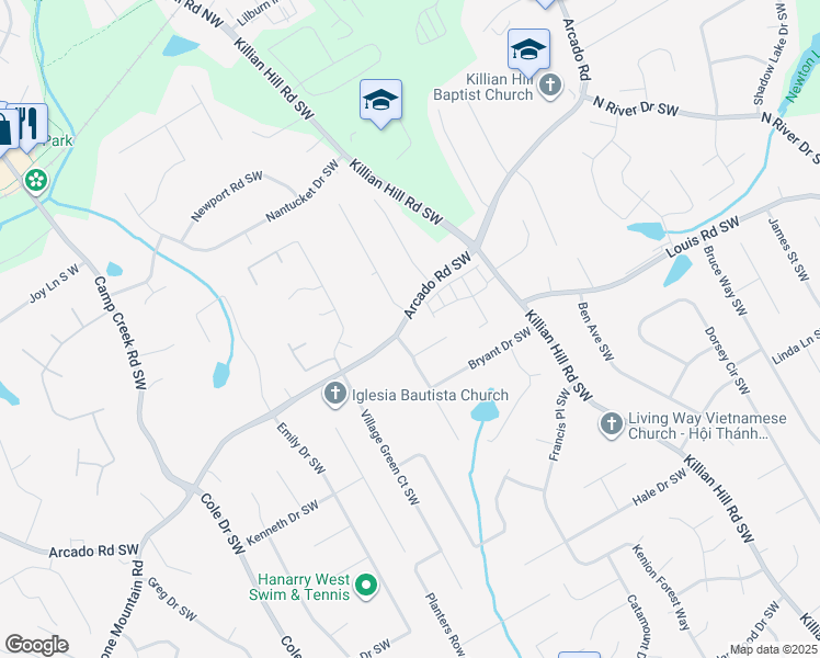 map of restaurants, bars, coffee shops, grocery stores, and more near 4502 Arcado Road Southwest in Lilburn