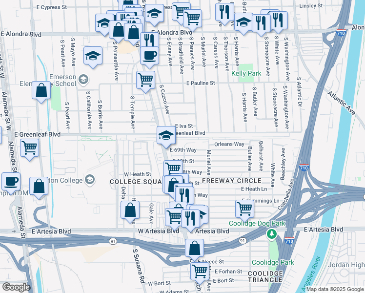 map of restaurants, bars, coffee shops, grocery stores, and more near 3 Corbin Way in Long Beach