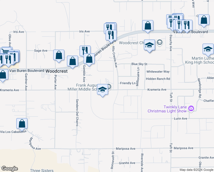 map of restaurants, bars, coffee shops, grocery stores, and more near 17940 Krameria Avenue in Riverside