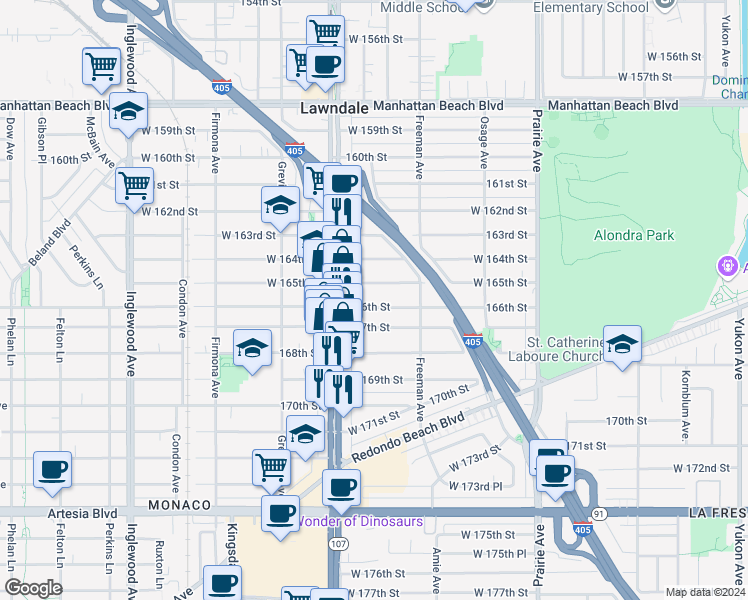 map of restaurants, bars, coffee shops, grocery stores, and more near 4317 166th Street in Lawndale