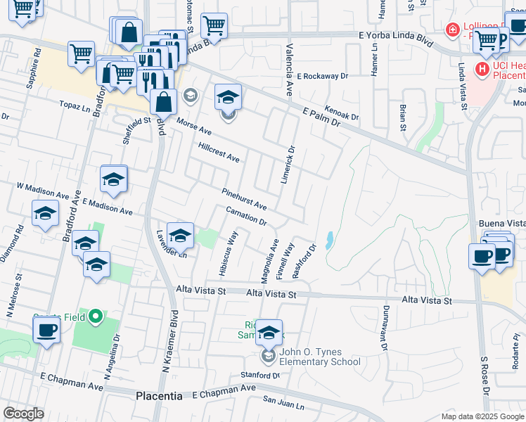 map of restaurants, bars, coffee shops, grocery stores, and more near 620 Pinehurst Avenue in Placentia