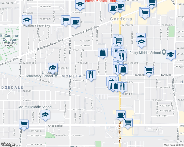 map of restaurants, bars, coffee shops, grocery stores, and more near 2015 166th Street in Torrance