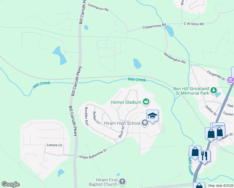 map of restaurants, bars, coffee shops, grocery stores, and more near 231 Baywood Crossing in Hiram
