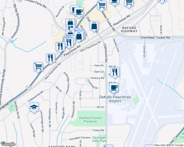 map of restaurants, bars, coffee shops, grocery stores, and more near 1879 Dyer Circle in Chamblee
