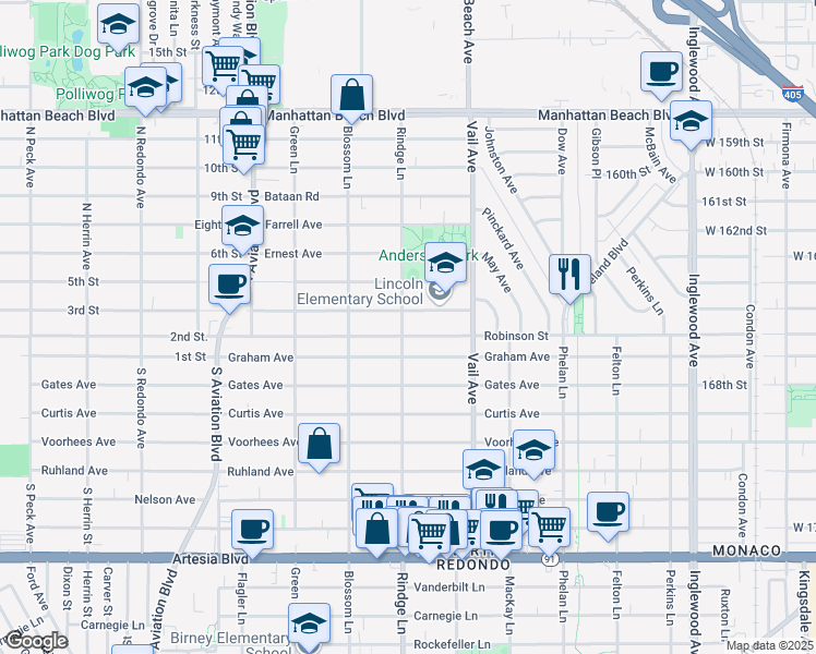 map of restaurants, bars, coffee shops, grocery stores, and more near 2802 Rindge Lane in Redondo Beach