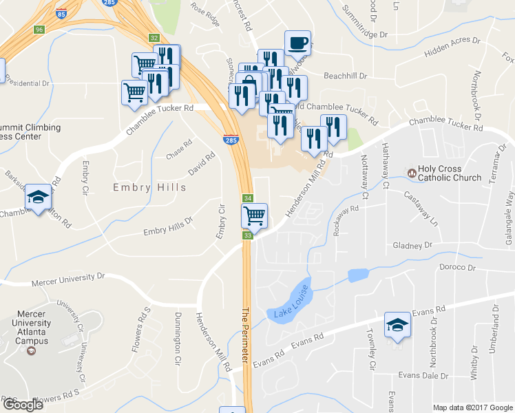 map of restaurants, bars, coffee shops, grocery stores, and more near 3220 Henderson Mill Road in Chamblee