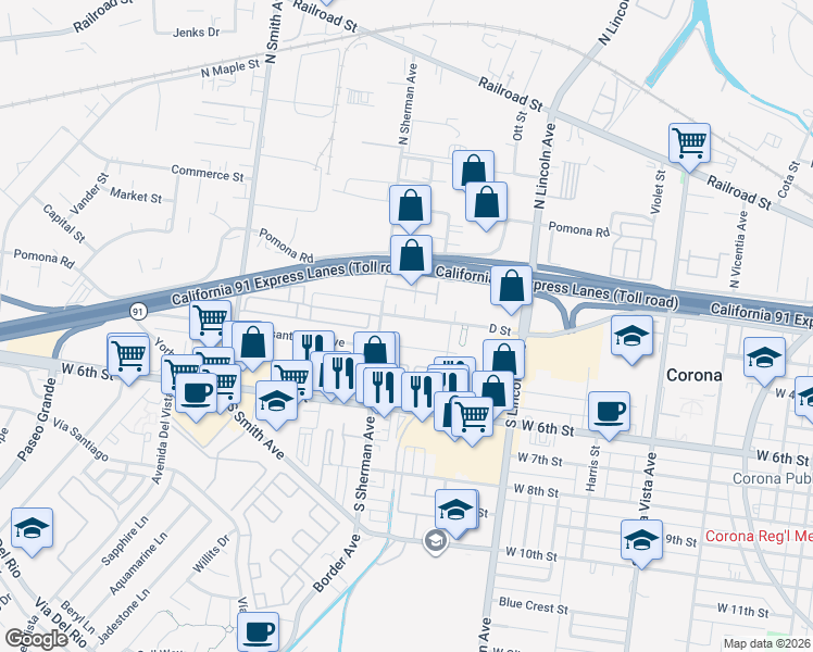 map of restaurants, bars, coffee shops, grocery stores, and more near 1242 D Street in Corona