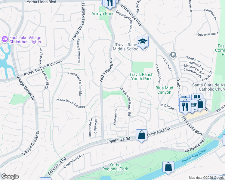 map of restaurants, bars, coffee shops, grocery stores, and more near 21122 Trailside Drive in Yorba Linda