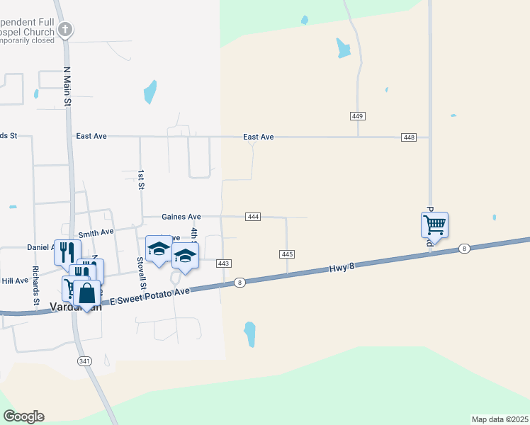 map of restaurants, bars, coffee shops, grocery stores, and more near 19 County Road 444 in Vardaman
