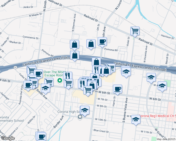 map of restaurants, bars, coffee shops, grocery stores, and more near 320 D Street in Corona