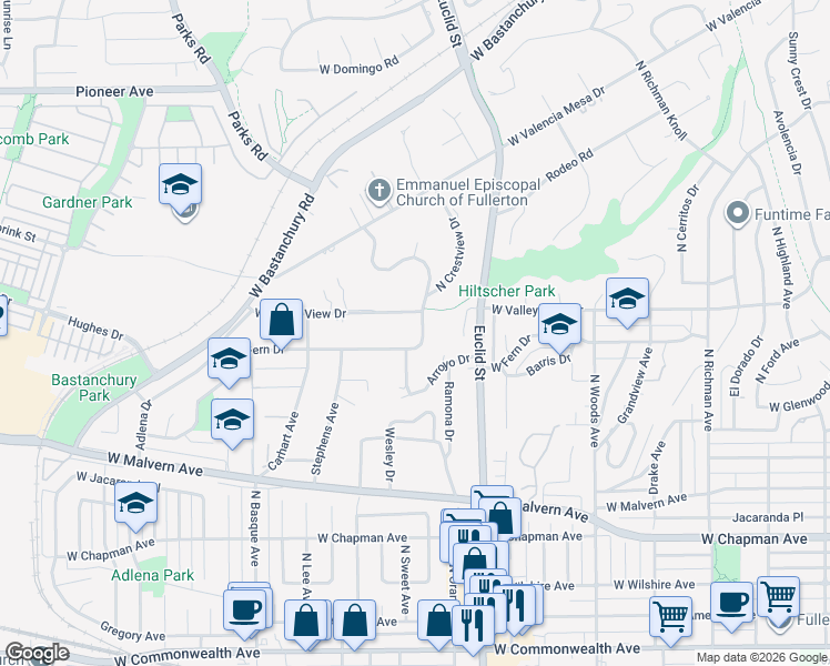 map of restaurants, bars, coffee shops, grocery stores, and more near 1112 West Valley View Drive in Fullerton