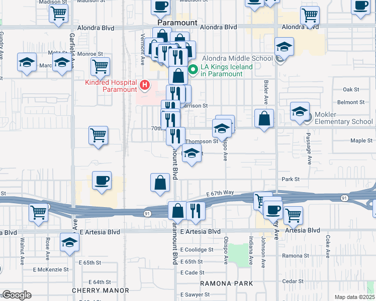 map of restaurants, bars, coffee shops, grocery stores, and more near 6938 Paramount Boulevard in Long Beach