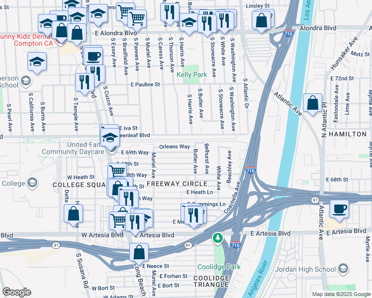 map of restaurants, bars, coffee shops, grocery stores, and more near 243 East 69th Way in Long Beach