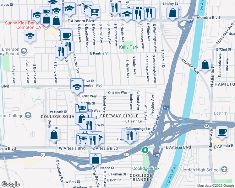 map of restaurants, bars, coffee shops, grocery stores, and more near 243 East 69th Way in Long Beach