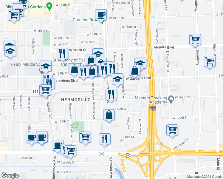 map of restaurants, bars, coffee shops, grocery stores, and more near 16527 Vermont Avenue in Gardena