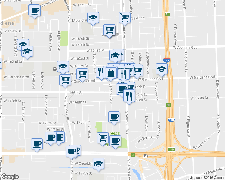 map of restaurants, bars, coffee shops, grocery stores, and more near 1050 West 165th Place in Gardena
