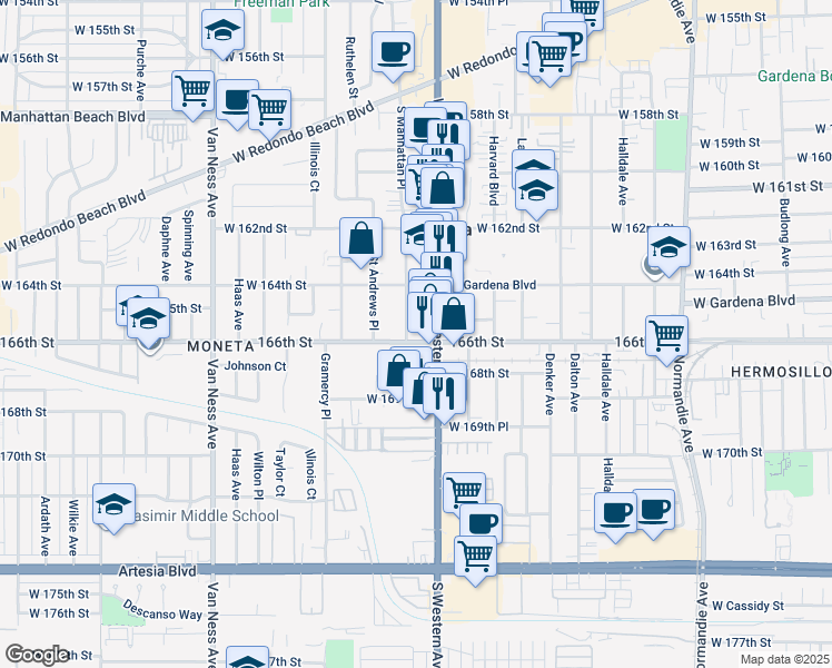 map of restaurants, bars, coffee shops, grocery stores, and more near 16517 South Western Avenue in Gardena