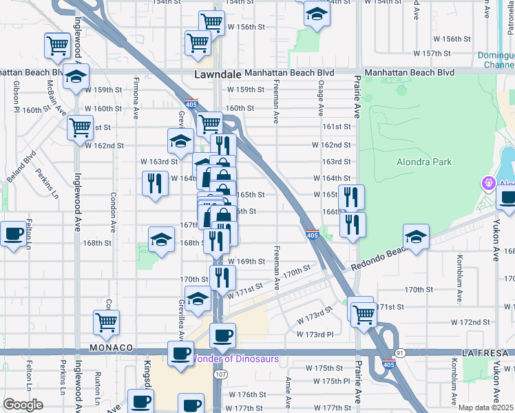 map of restaurants, bars, coffee shops, grocery stores, and more near 4229 166th Street in Lawndale