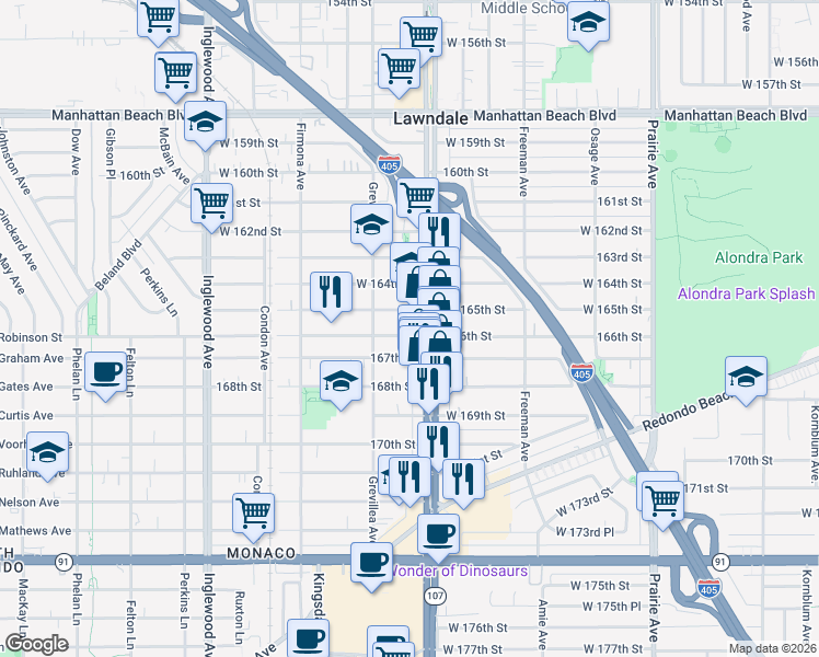 map of restaurants, bars, coffee shops, grocery stores, and more near in Lawndale