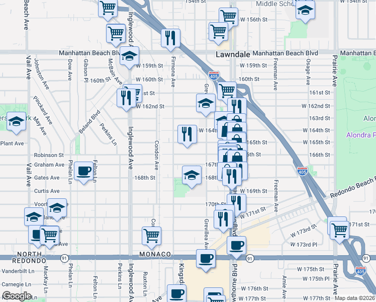 map of restaurants, bars, coffee shops, grocery stores, and more near 4535 166th Street in Lawndale