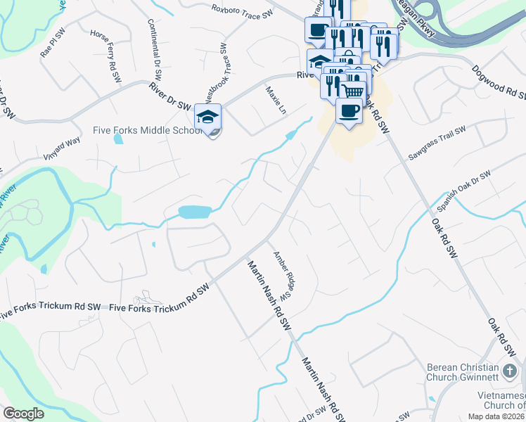 map of restaurants, bars, coffee shops, grocery stores, and more near 3246 Alcazar Drive Southwest in Lilburn