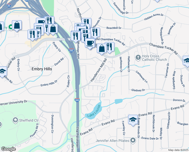 map of restaurants, bars, coffee shops, grocery stores, and more near 3264 Henderson Mill Road in Chamblee