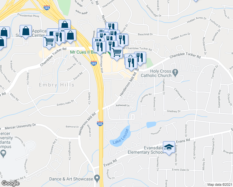 map of restaurants, bars, coffee shops, grocery stores, and more near 3264 Henderson Mill Road in Chamblee